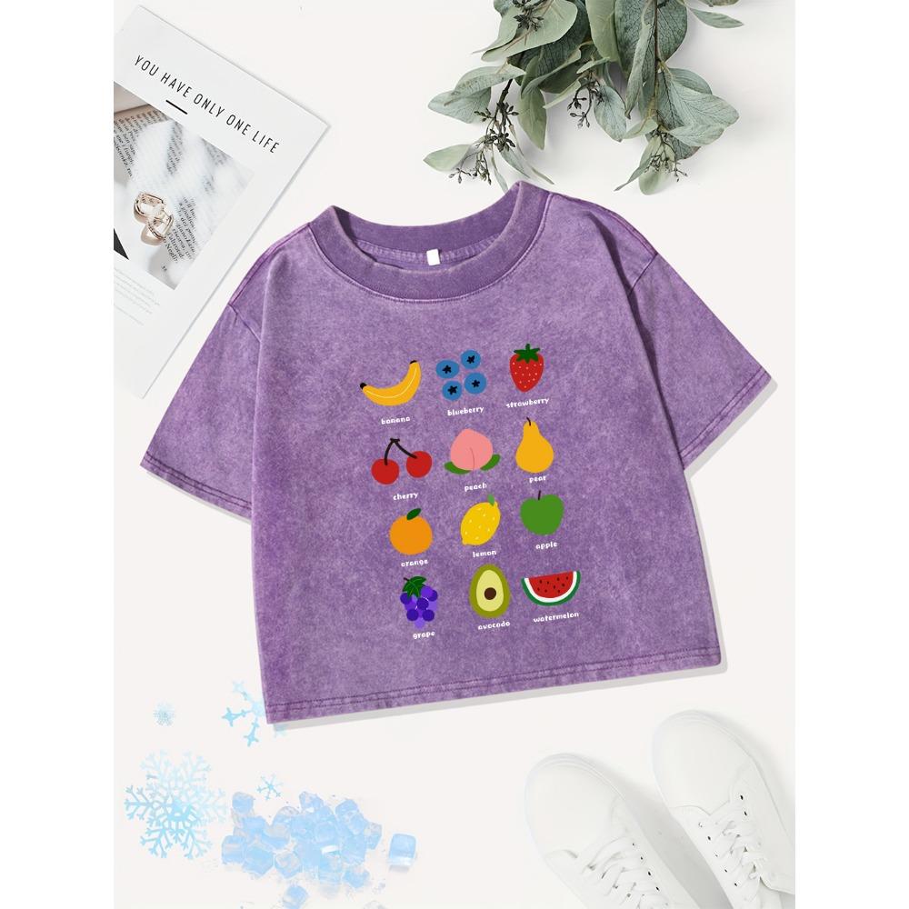 Summer Cotton Crop Tops Womens Fresh Fruits Lemon Cherry Printing Washed T-Shirts O-Neck Regular Fit Tees Street Clothes