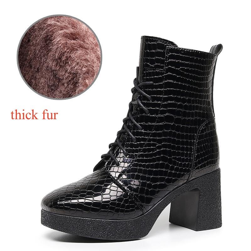 

7.5cm Vintage Bright Style Soft Leather Boots Platform Shoes Fall Winter 2025 Block High Heels Ankle Motorcycle Boots with Fur 35