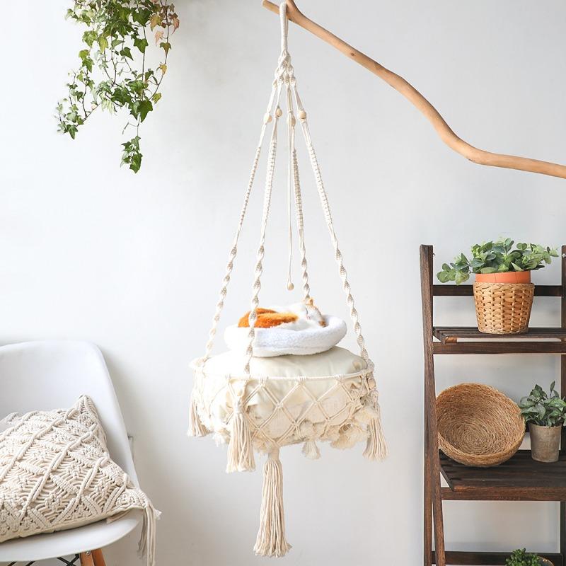 Bohemian Woven Cat Nest Hammock with European Mesh Pocket Summer Pendant Cat Hammock Swing Hanging Pet Bed for Cats