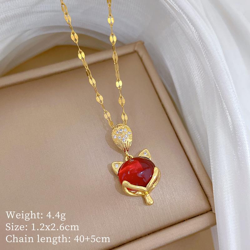 

Vintage Red Stone Zircon Fox Pendant Necklace for Women Stainless Steel Chain Classic Jewelry Accessory Gifts