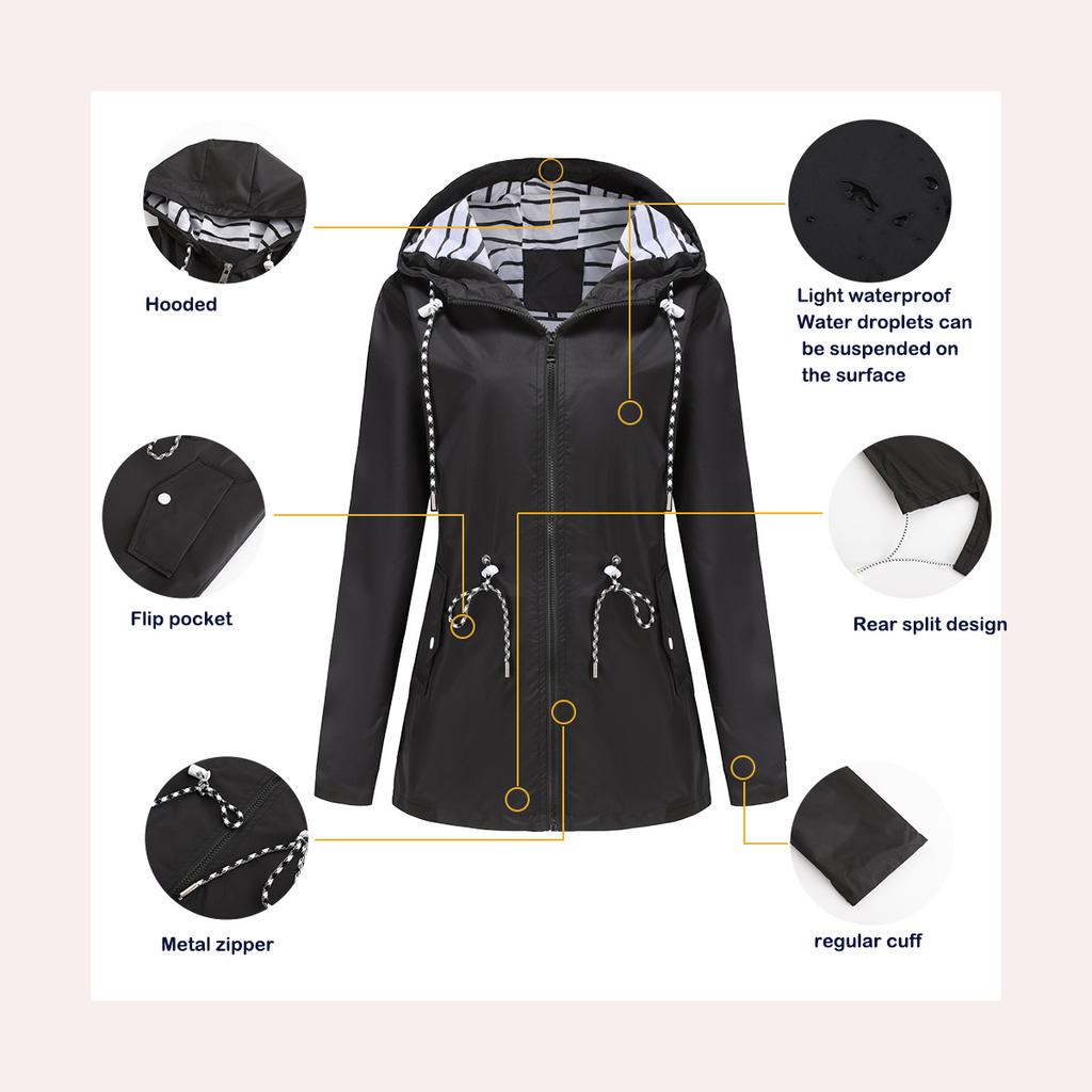 Langärmliger wasserabweisender mittellanger Trenchcoat Damen mit Kapuze gestreift Plus Size Regenmantel Damenbekleidung