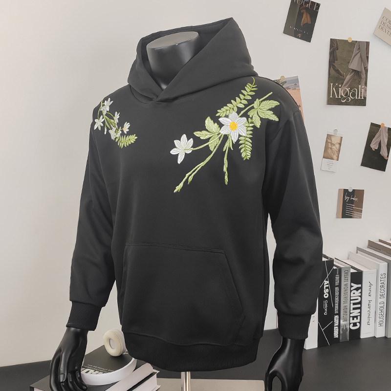 Men's Fleece-Lined Floral Embroidered Hoodie, Autumn/Winter 2026, Loose Fit Pullover, Couple's Style.