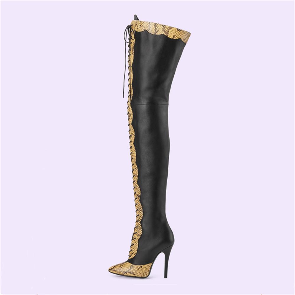 Fashion Women's Pointy Toe Cross Ties High Heel Over The Knee Boots 2025 New Slim Fit Zipper Long Boots Party Mixed Color Lady Shoes 43