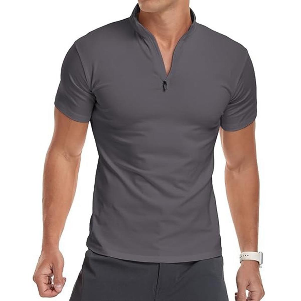 Men's Short-sleeved Shirt With Stand-up Collar And Zipper, Slim-fit Basic , Made Of Ice Silk