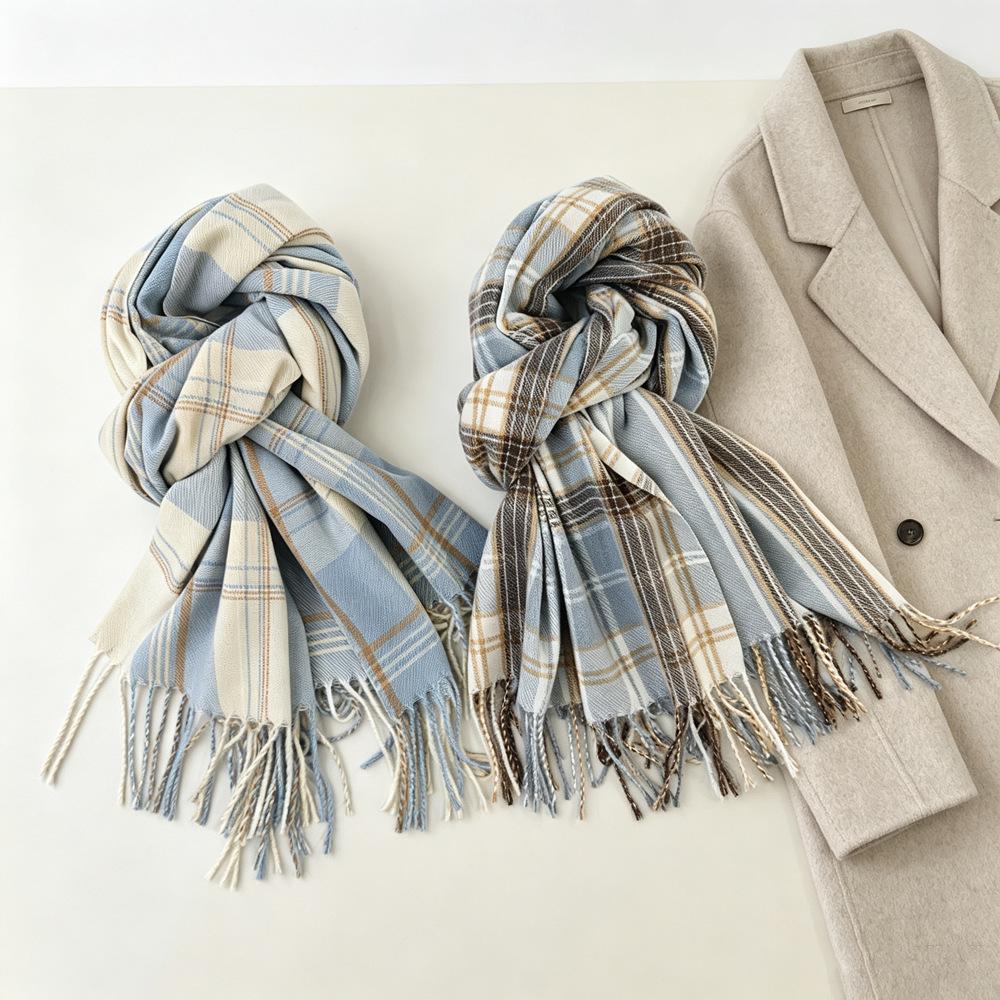 1116 new soft waxy blue and white plaid fringed scarf Korean warm autumn and winter thickened student high-end scarf
