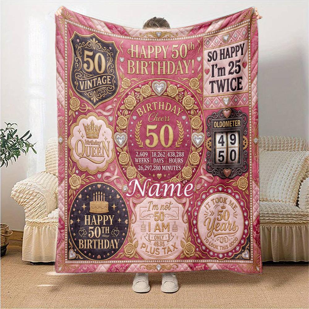 Vintage 50Th Birthday Celebration Customize Your Name Home Blanket Happy 50Th Birthday Floral Design Comfortable Soft Lightweight Multipurpose Blanket