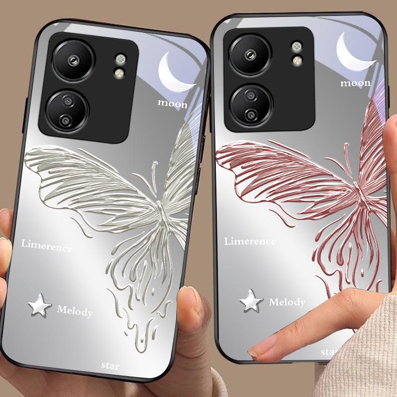 Metallic Butterfly For Xiaomi Redmi 13C Note13 12 Pro Plus 5G Note 9 13T Pro POCO X6 F5 F6 Black Tempered Glass Phone Case