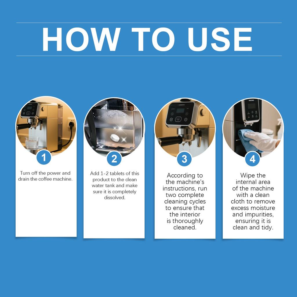 Rengjøringstabletter for kaffemaskin, Avkalkingstabletter, Universelle rengjøringstabletter for å fjerne kalk og lukt, Avkalking og rengjøring av kaffekanne