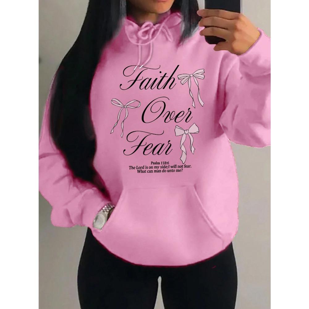 Pink Bow Faith Over Fear Printing Women Hoodies Pocket Loose Hoody Casual Fleece Y2K Hoodie Soft Woman Clothes
