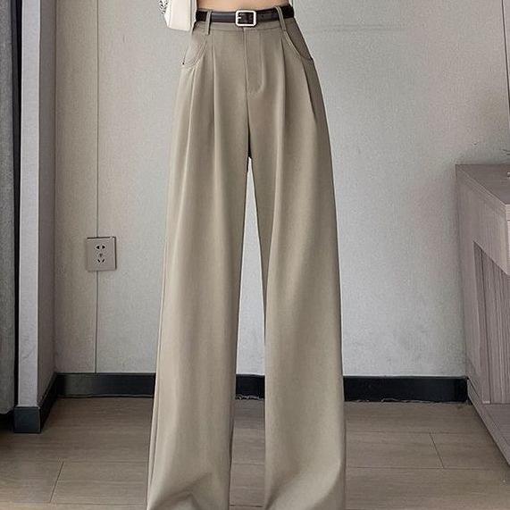 Khaki High-Waisted Slim-Fit Wide-Leg Dress Pants for Women - Spring/Summer Collection
