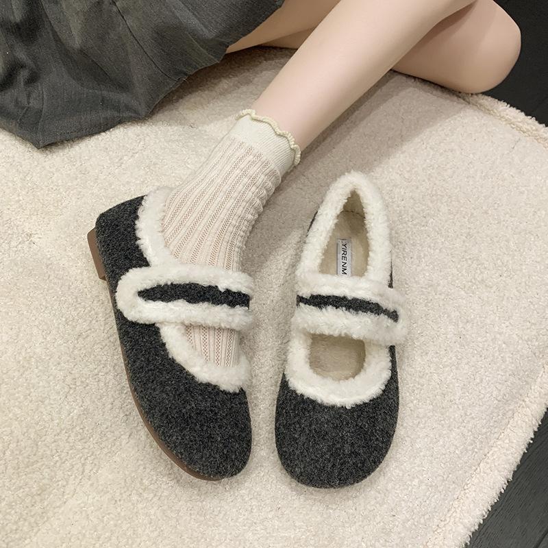 Mao Mao Shoes Winter Velvet Women's Shoes Wear Cotton Shoes To Keep Warm and Versatile Flat Shoes Fashionable Flip Hair Bean Shoes Maternity Shoes