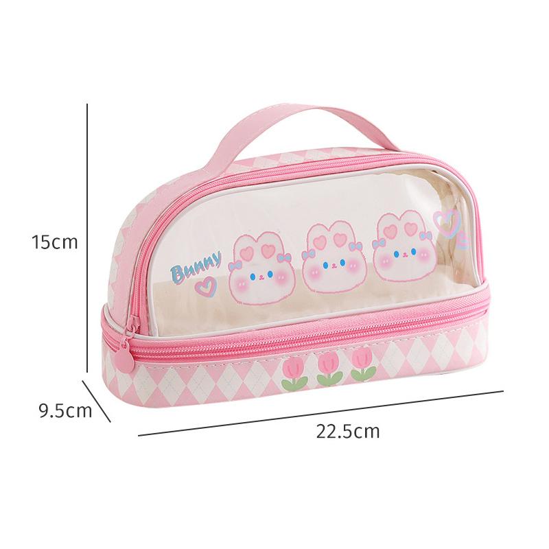 Pencil Case Double Layer Large Capacity Pen Bag Cartoon Portable Pencil Box School Student Supplies Stationary Organizer