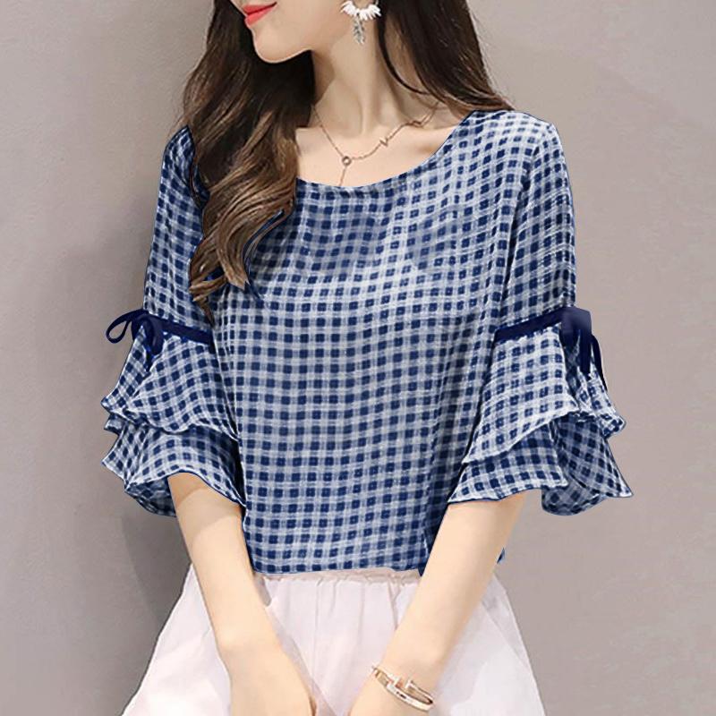 

ZANZEA Женская повседневная блузка с круглым вырезом и рукавами 3/4, летняя блузка в клетку 5XL синий