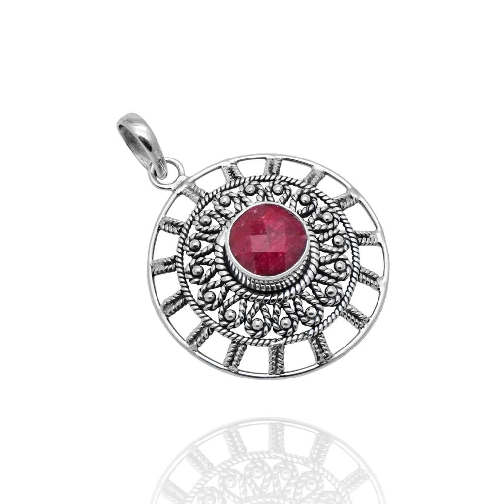 Handmade Round Twister Wire Pendant for Her, 925.% Silver Pendant, Red Corundum, Gift for Mom