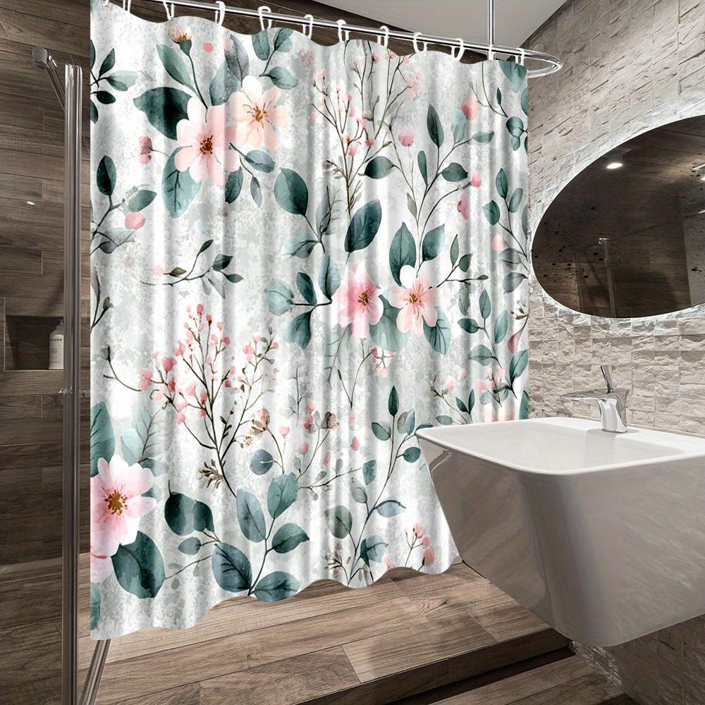 1Pc Floral Bath Curtain With 12 Hooks - Botanical Pink Flowers & Green Leaves Design, Polyester Fabric Shower Curtain