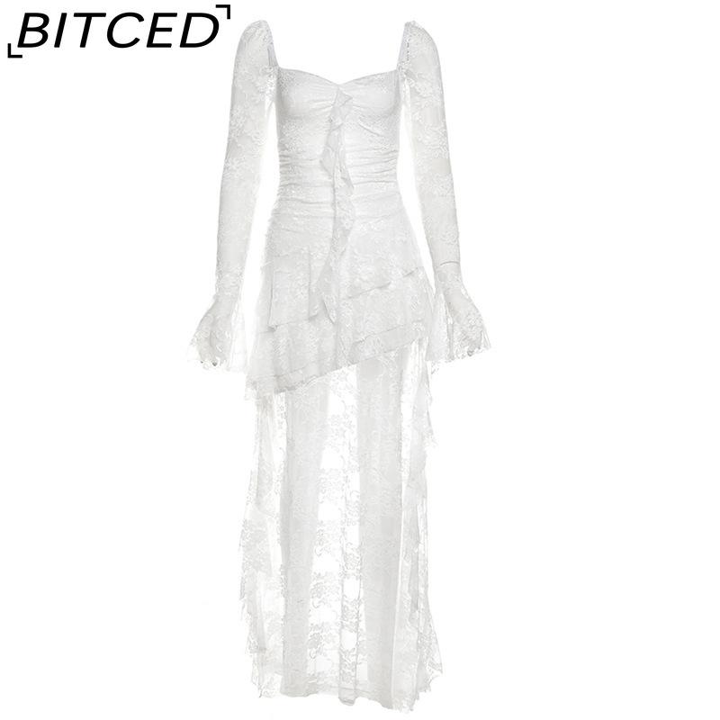 BITCED Autumn Women's Solid-Colour High-Waisted Fashion Square-Neck Long-Sleeved Lace-Panel Dress