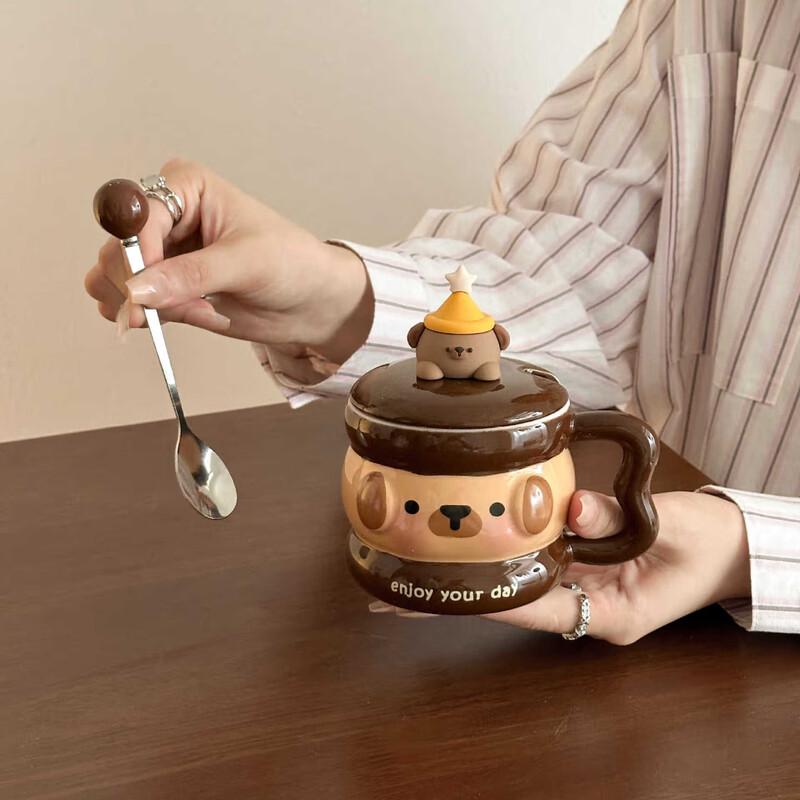 Cute Bear Ceramic Mug with Lid and Spoon