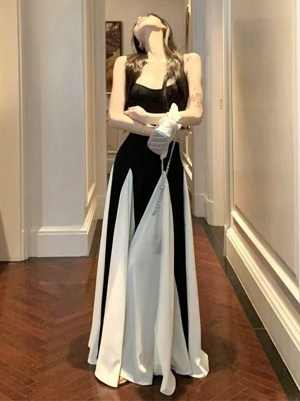 French Splicing Contrasting Color Suspender Dress Women's Summer Design Sense Waist A-word Skirt Large Pendulum Floor Long Dress