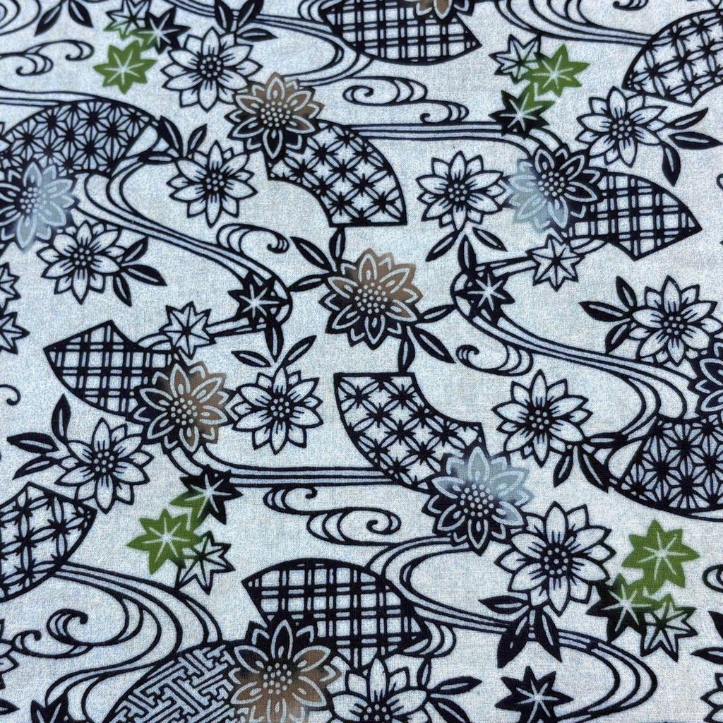 Used Fabric, excellent item, yukata, fan, flower, blue-gray, cotton []