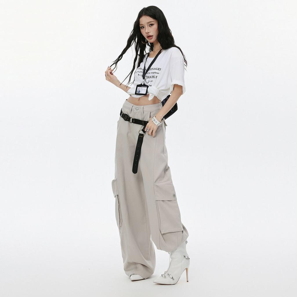 Spring Summer Paris Gray Cool Street Cargo Relaxed Hide Fat Saber Cut Wide Leg Trendy Denim Pants Women Casual Pants Oversize Denim Trousers