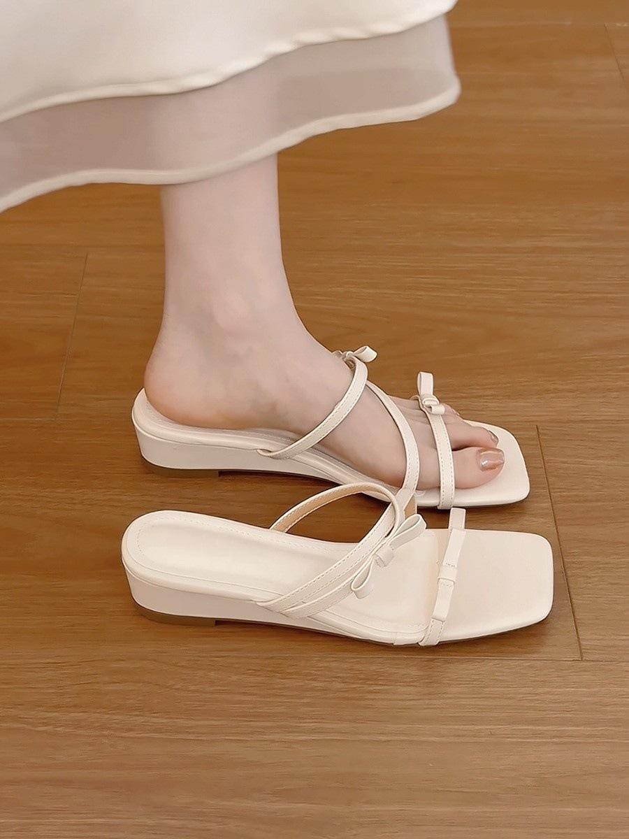 

Wedge heel pink gentle bow French small cool slippers fairy shoes outer wear 2025 summer with skirt sandals 40