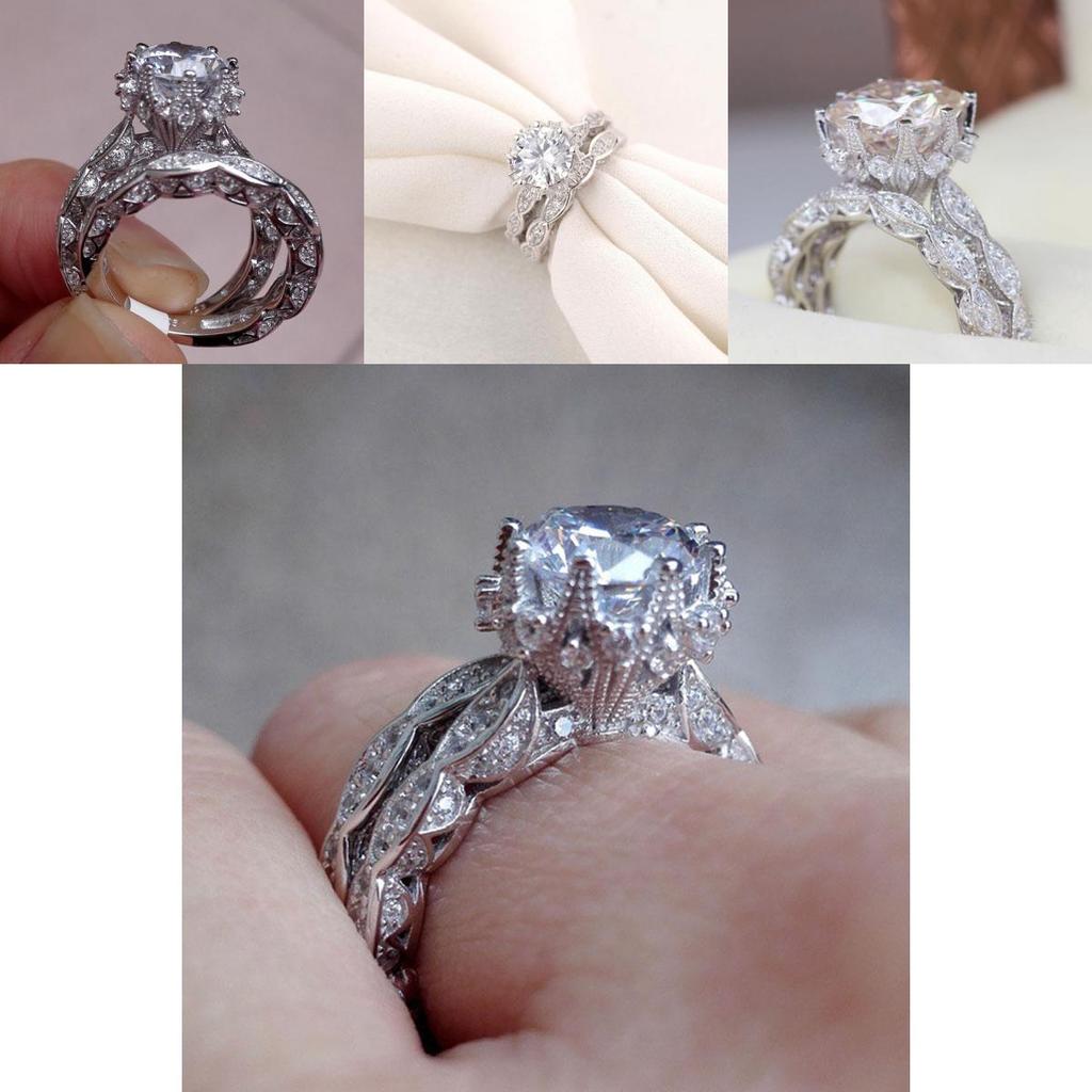 Elegant Antique Style Round White Sapphire Silver Plated Engagement Crown Ring Set
