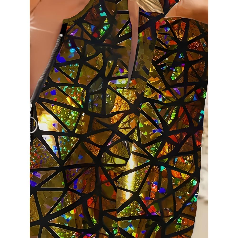 Elegant Casual Comfortable Style Painting Color Geometric Splicing Element Printing Women's Clothing Crew Neck Zipper Long Sleeve