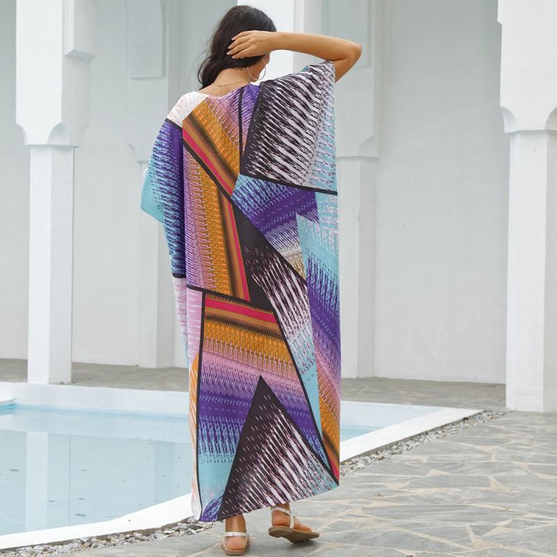 Womens Loose Beach Cover Up With Colorful Block Print UV Protection Swimwear Robe One Size