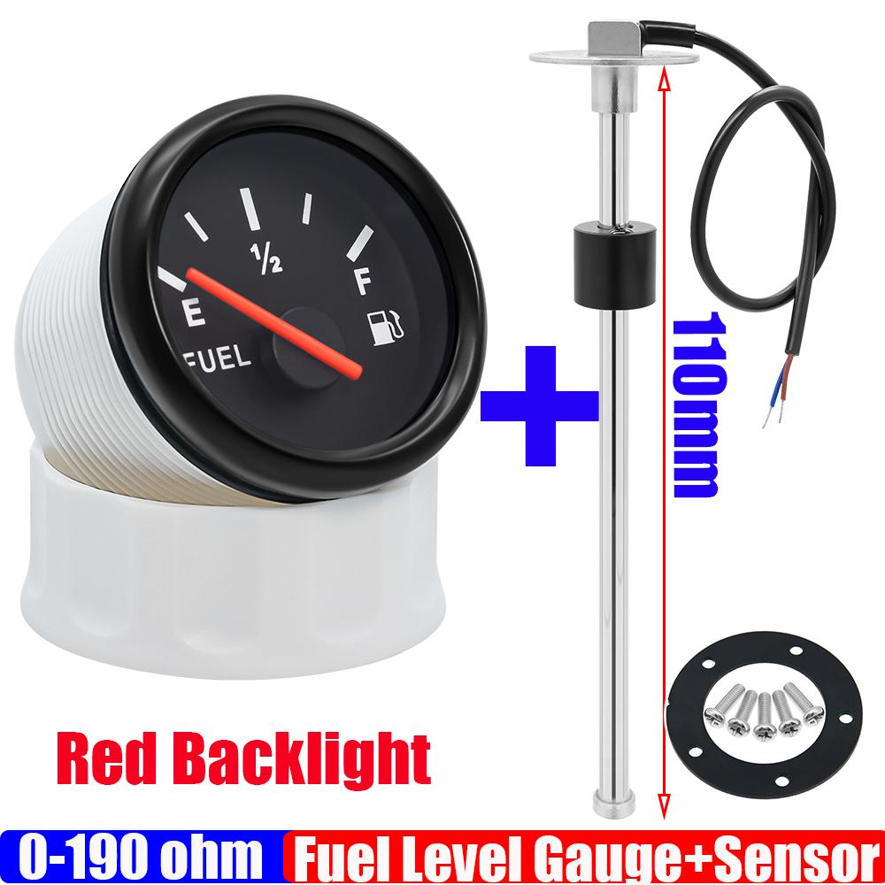 0-190 OHM 2" 52mm Fuel Level Gauge with Red Light + Fuel Level Sensor 130mm 230mm 270mm 530mm for All Auto Boat Yacht 12V 24V