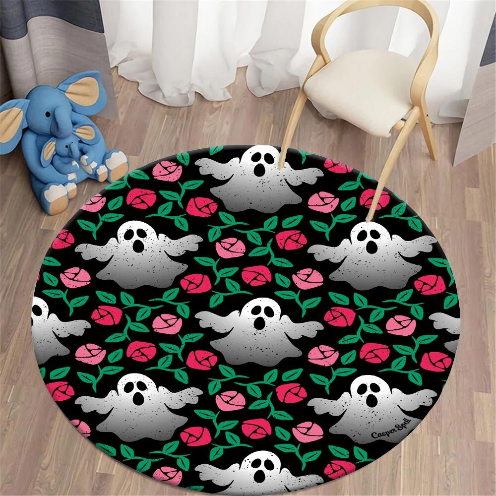 Halloween Round Carpet Magic Pumpkin Demon Bat Graphic Print Rug For Living Room Table Chair Decor Non-slip Circle Floor Mats