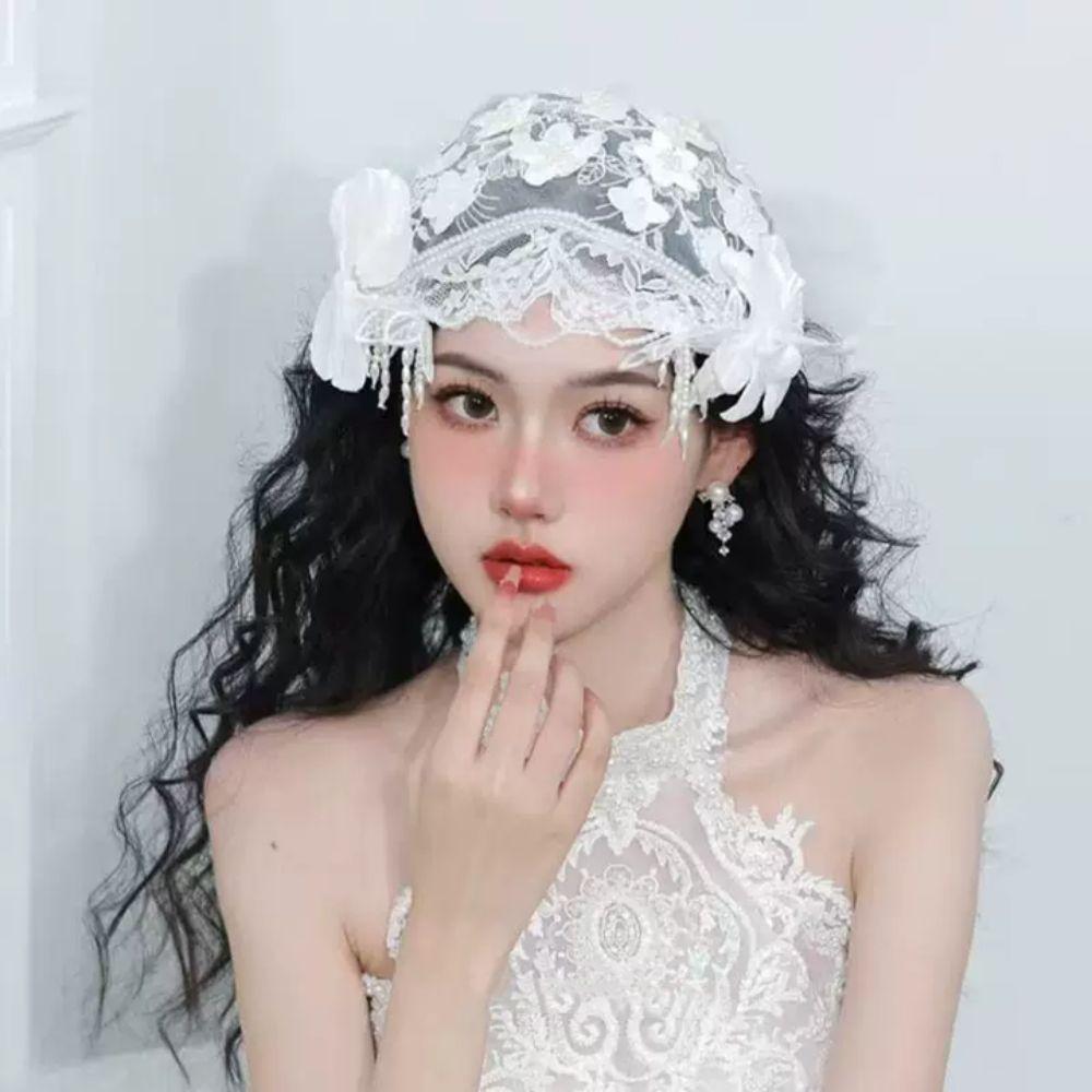 White Bride Headdress Pearls Beads Wedding Headwear Retro Bridal Hat  Headpieces
