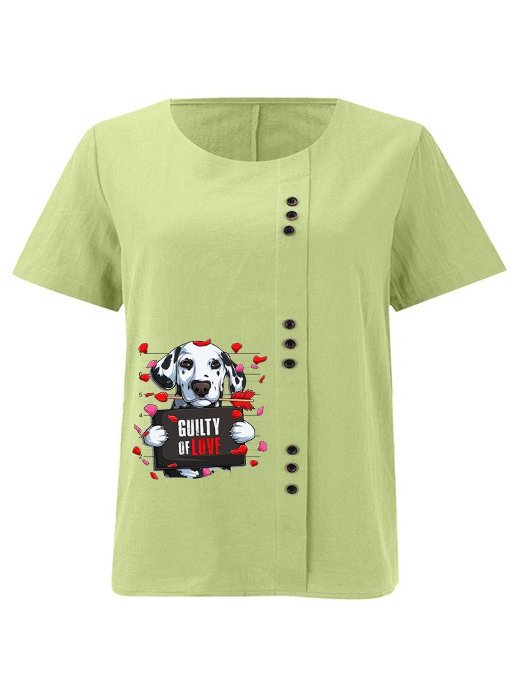 

Women s Fashion Dog Print Round Neck Short Sleeve T-shirt Summer Casual Cotton Linen Graphic Shirt Leisure Loose Blouse Tops 5XL зелений