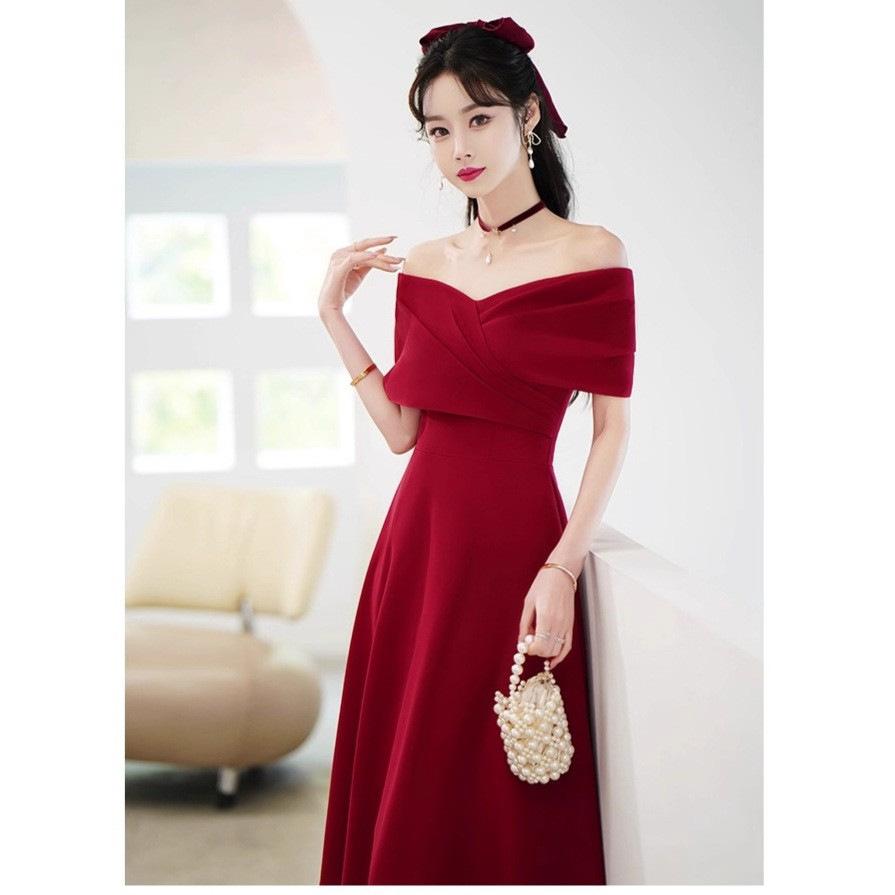 Atmospheric Red Shoulder Bride Wedding Toast Engagement Dress Back Door Small Man Belly Cover Dress Banquet