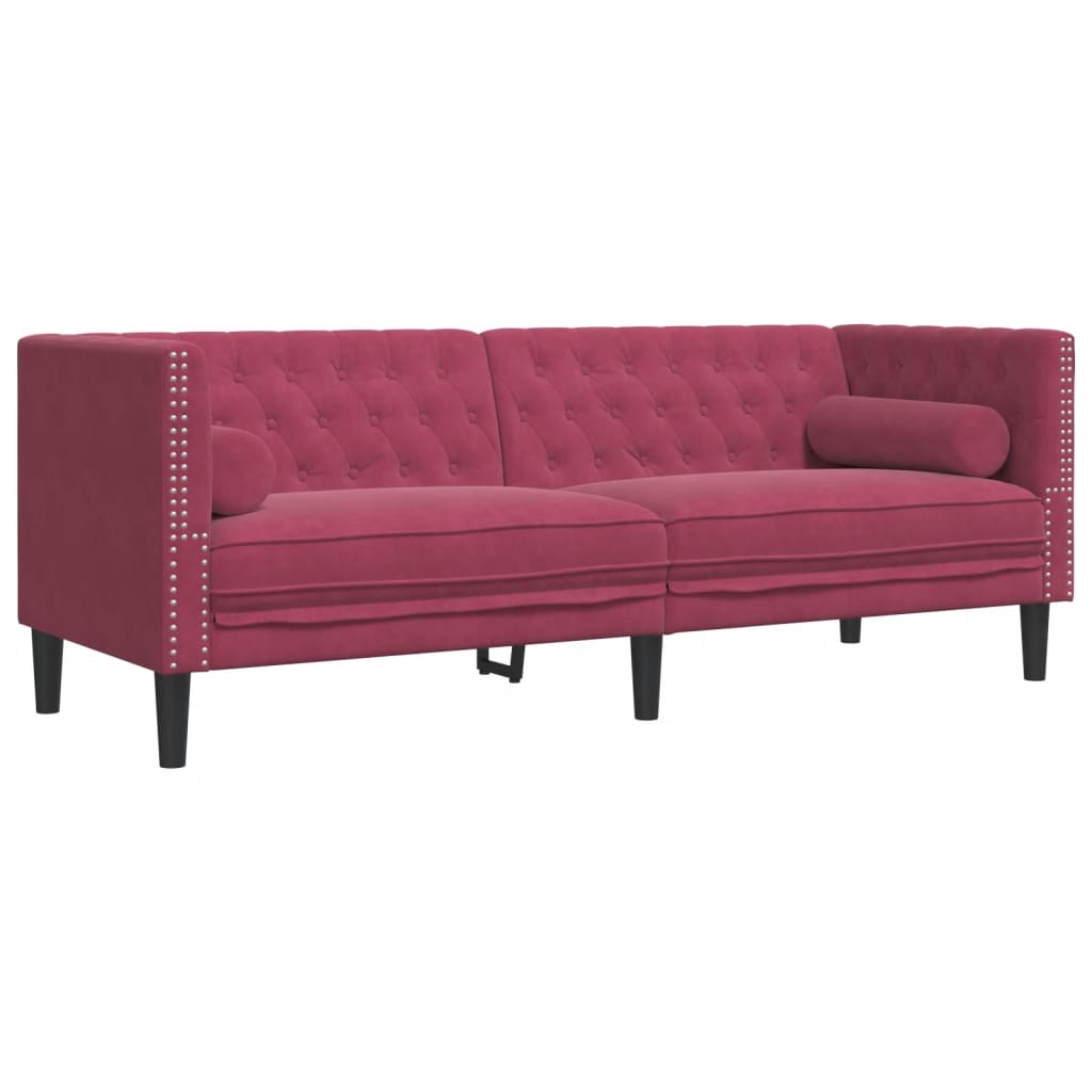 2 Piece Chesterfield Sofa Set with Neck Pillows Red Velvet