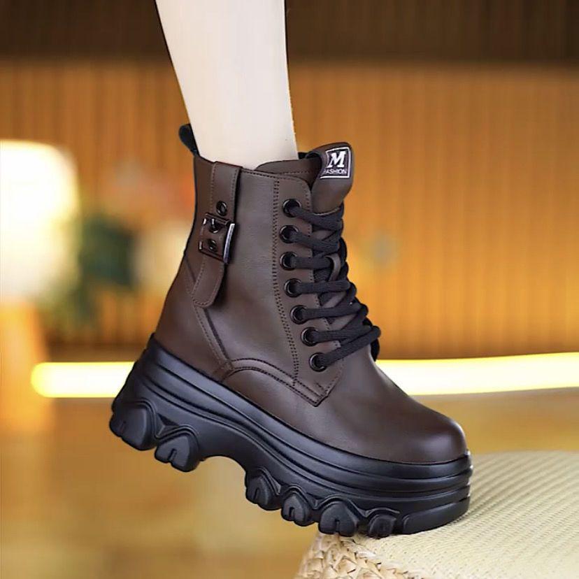 Genuine Leather Height-Boosting Women's Ankle Boots - Thick Sole, Non-Slip, Warm, Plus Velvet Lining for Autumn/Winter