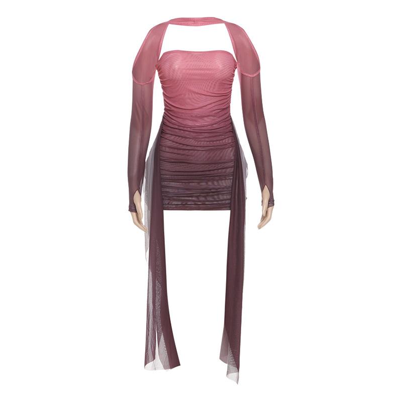 Summer Long Sleeve Bodycon Mini Short Dress Ribbon Pleated Tube Top Fashion New Sexy Party Dresses Hip Skirt Set Slim Fit Women's Clothing
