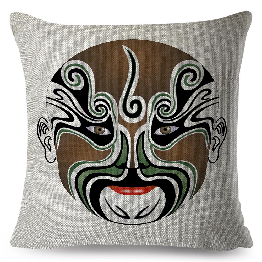 Chinese Opera Mask Pillow Xcm Original Artistic Illustration Vibrant Traditional Colors Woven Fabric Cover