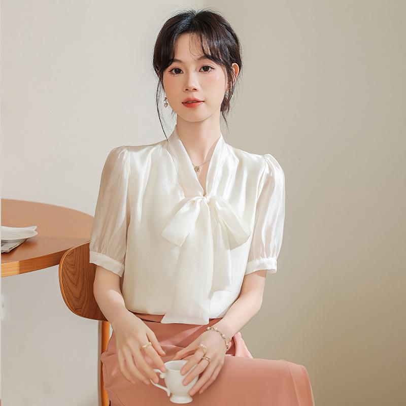 

Летняя ретро-перламутровая рубашка с коротким рукавом и бантом для женщин, 2025 Extra Large белый