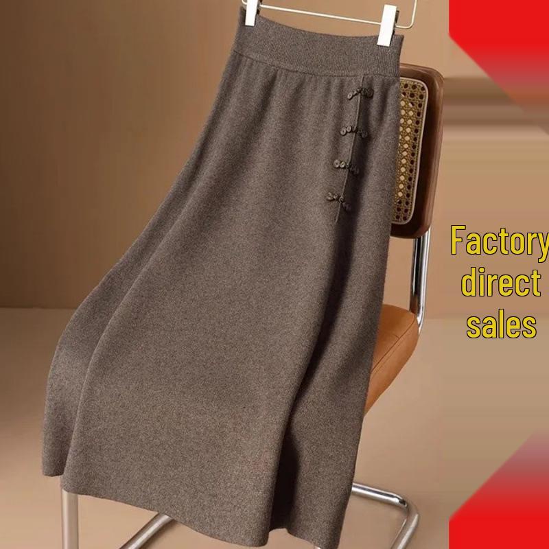 High Waist Elastic Wool Midi Skirt with Chinese Frog Buttons - Autumn/Winter Fashion