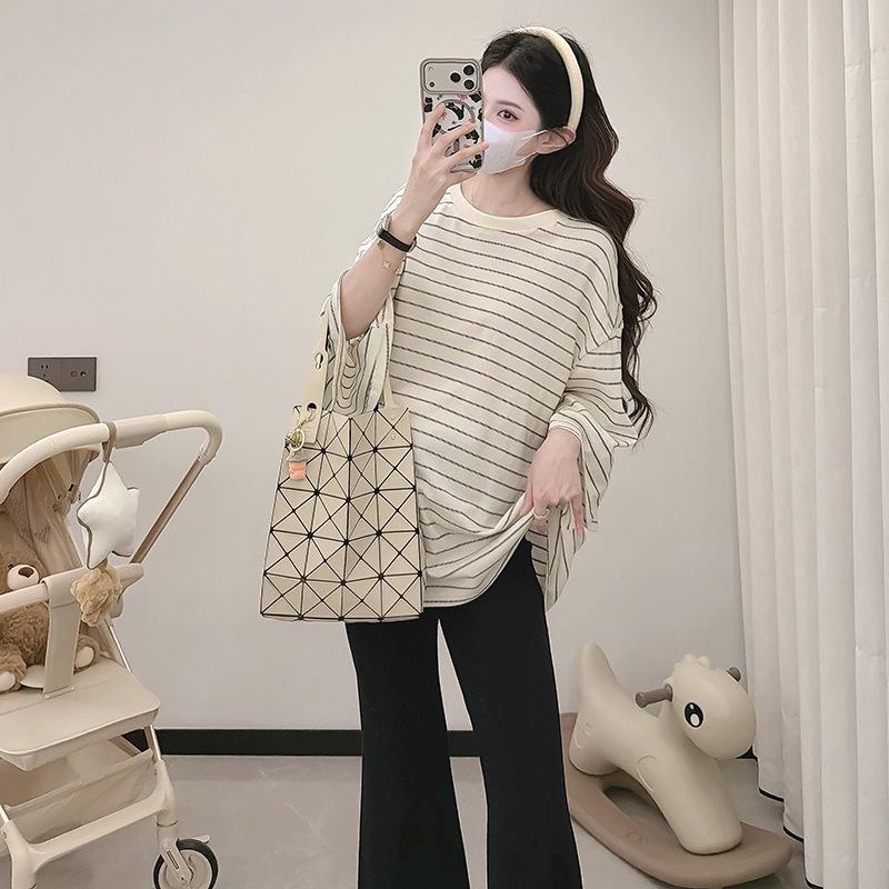 

2026 Maternity Two-Piece Set: Striped T-Shirt + Adjustable High-Waist Flare Pants XL