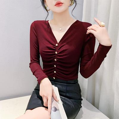Winter Sexy V-neck T-shirt Women's Long-sleeved Foreign-style Top Tight Inside with Black Bottoming Shirt
