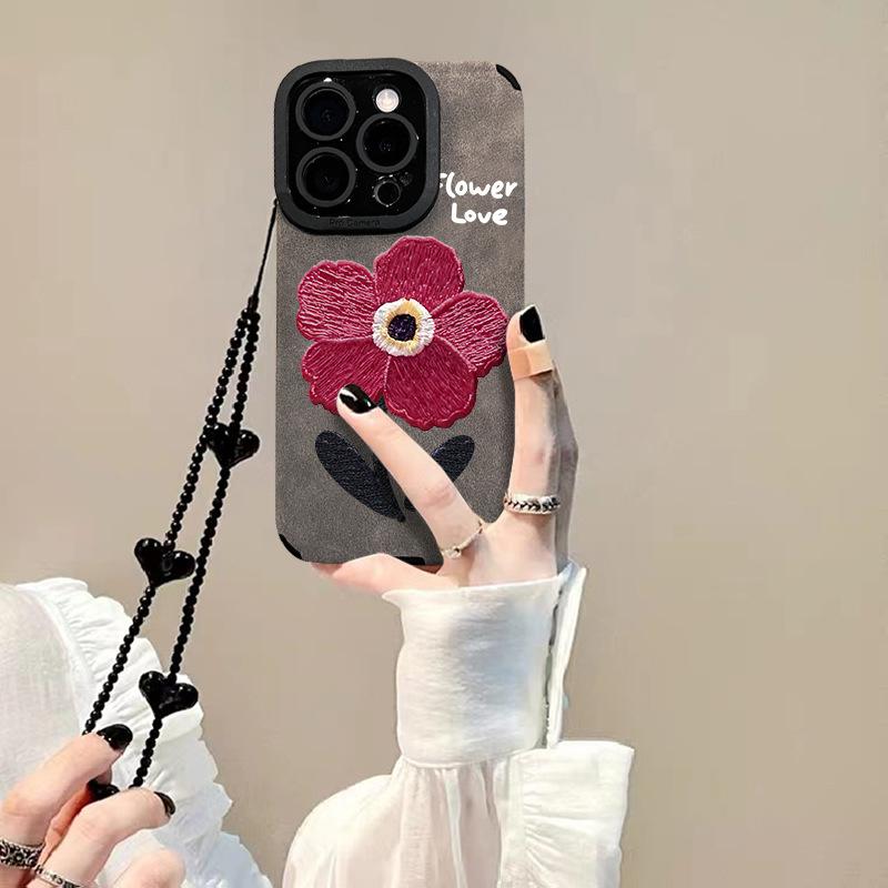 

Oil Painting Red Chain Suitable for Apple 16pro Mobile Phone Case 15/14 Silicone Anti-fall 13 Overturned Fur 12 Redmi K30S
