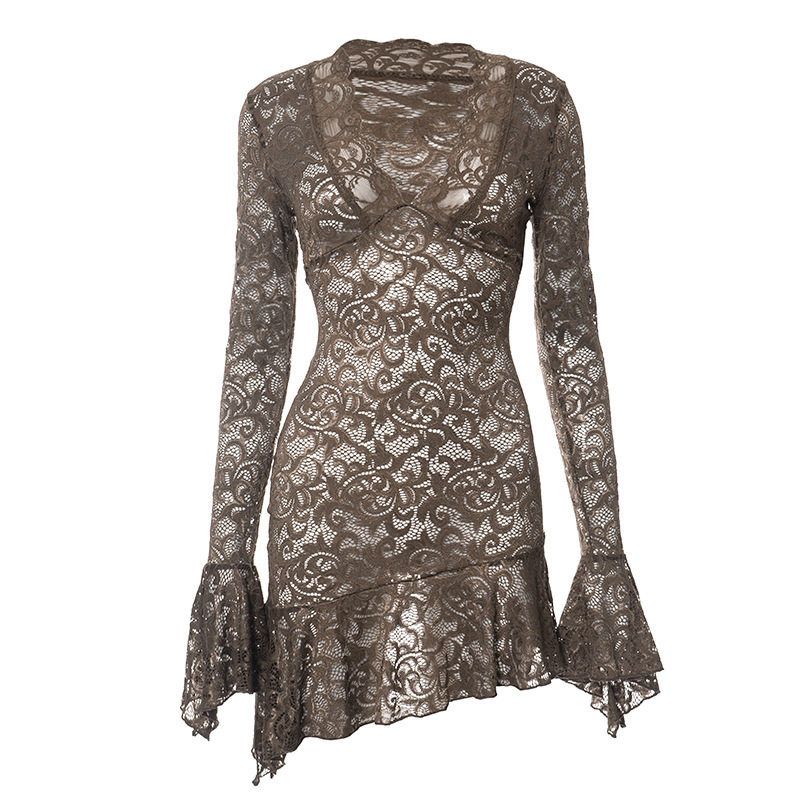 

C188Ds European and American Cross-Border 2025 Spring Sexy V-Neck Lace Dress with Ruffles and Hip-Hugging Short Skirt for Women Brown C188Ds S