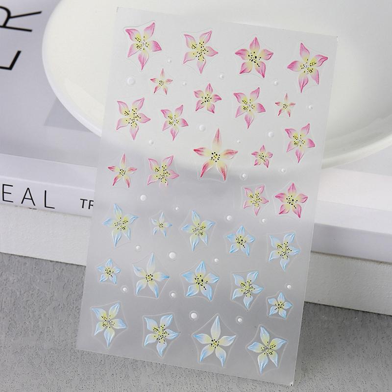1Sheet Pink Lily Flower Nail Sticker Relief 3D Jelly Five Petal Flower Nail Art Decoration Decals Diy Selfadhesive Sliders