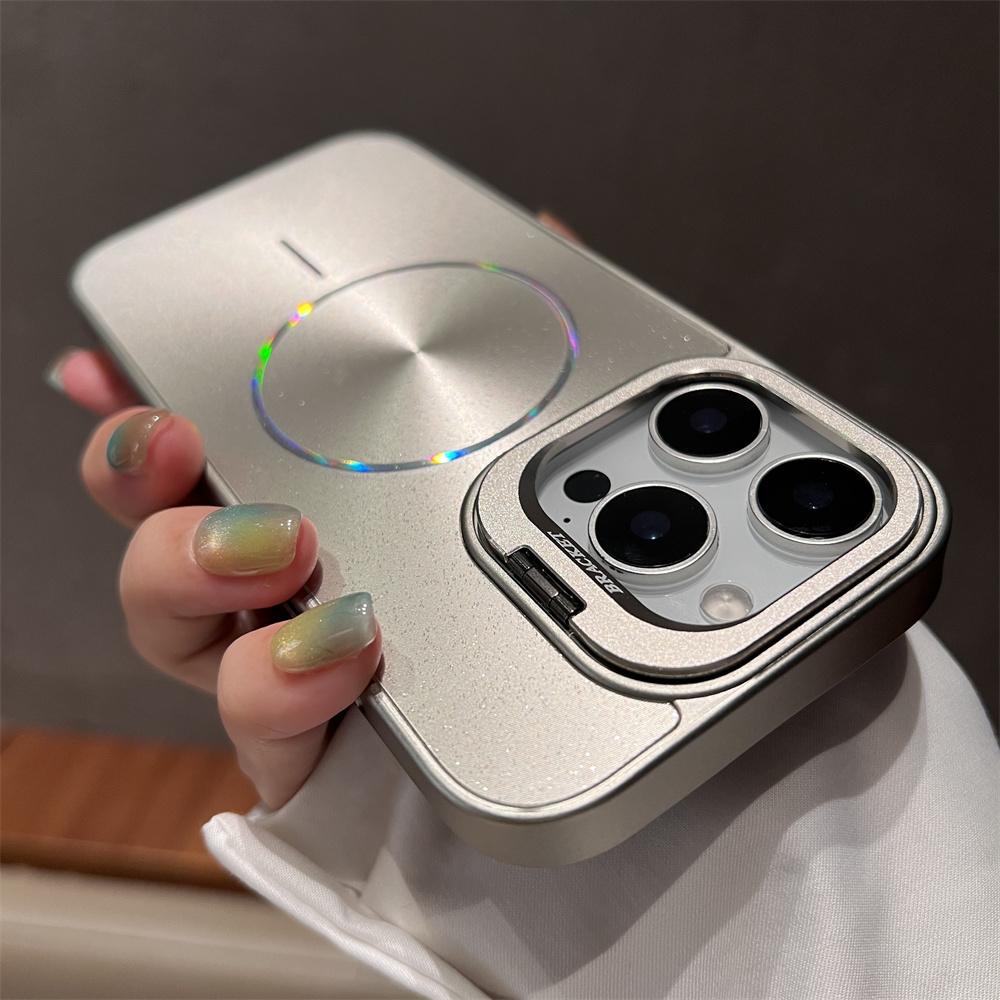 Flip Bracket Lens Protection Stand For Magsafe Magnetic Case For iPhone 14 15 16 17 Pro Max 13 12 11 Laser Aurora Bling Cover