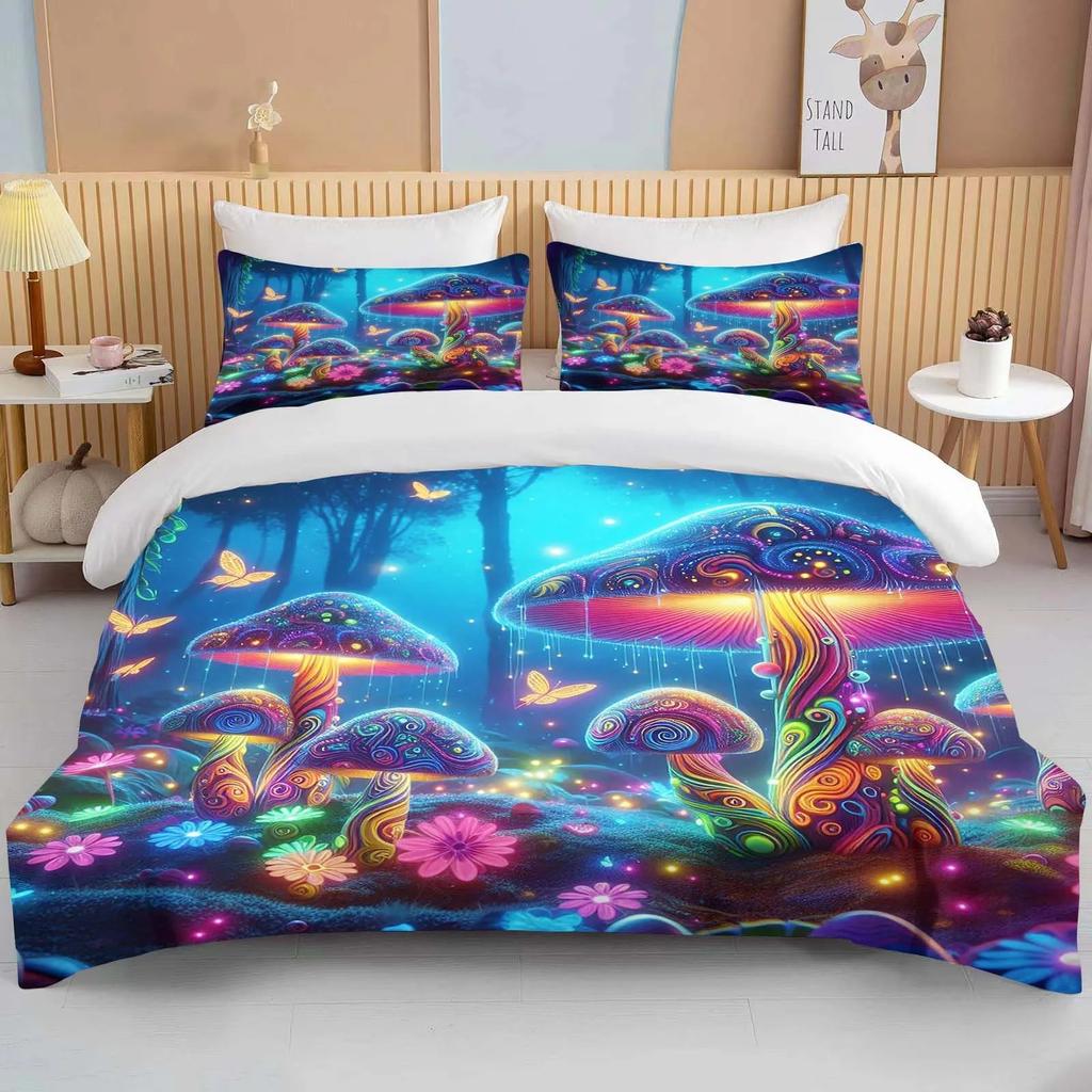 Super Vibrant Neon Psychedelic Mushrooms Print Bedding Set 1 Duvet Cover 1/2 Pillowcases Adult and Children Bedding Set Luxury