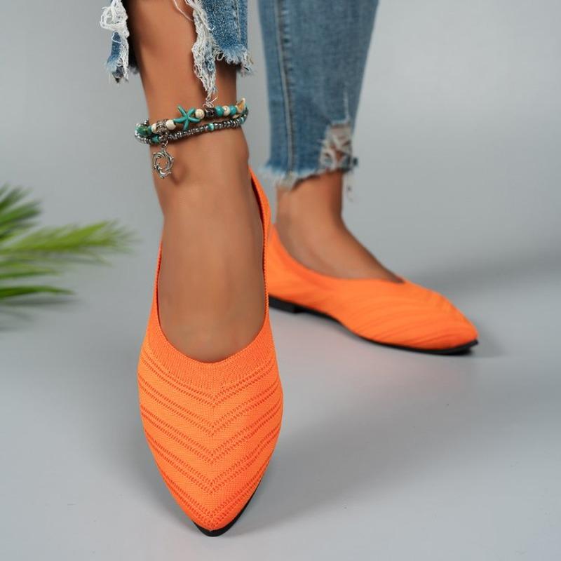 Fashion Plus Size Flats Summer New Pointed Toe Shallow Mouth Knit Flying Wire Breathable Soft Sole Non-Slip Wear-Resistant Single Shoes
