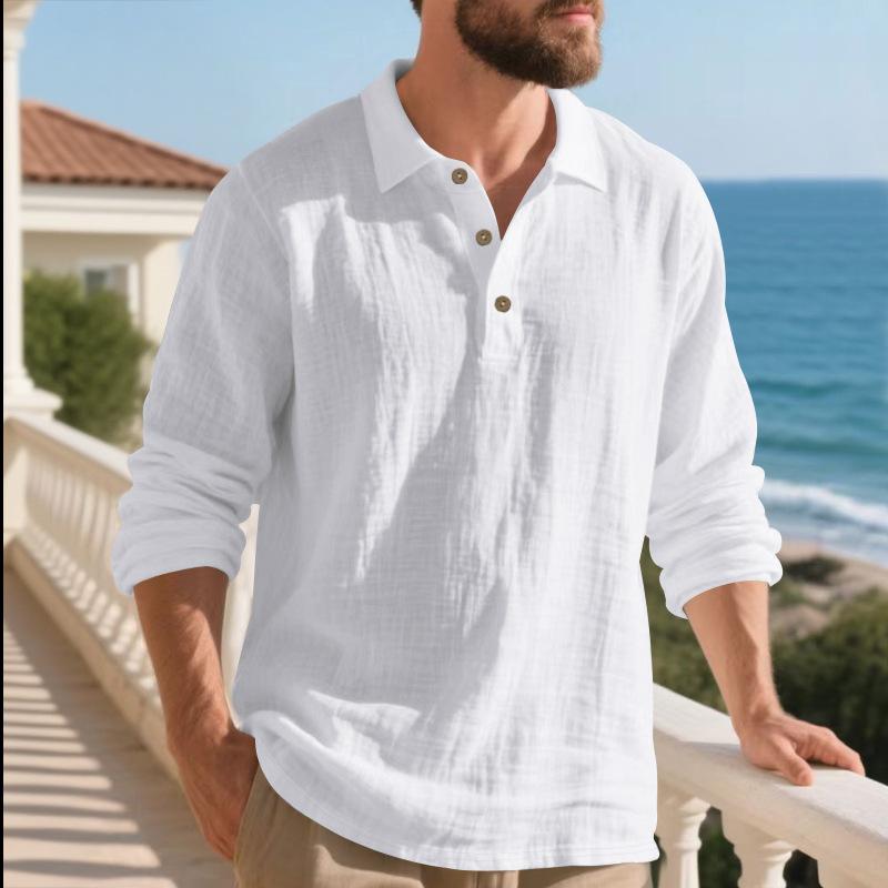 Mens Long Sleeve Loose Turn Down Collar Buttoned Casual Business Solid Polo Shirt S