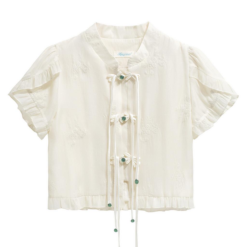 Fashion New Summer Chinese Style Short Sleeve Stand Collar Embroidery Chiffon Blouse Shirt Women Tops J388