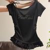 Lace-Trimmed Printed Letter Short Sleeve Slim Fit Summer Top